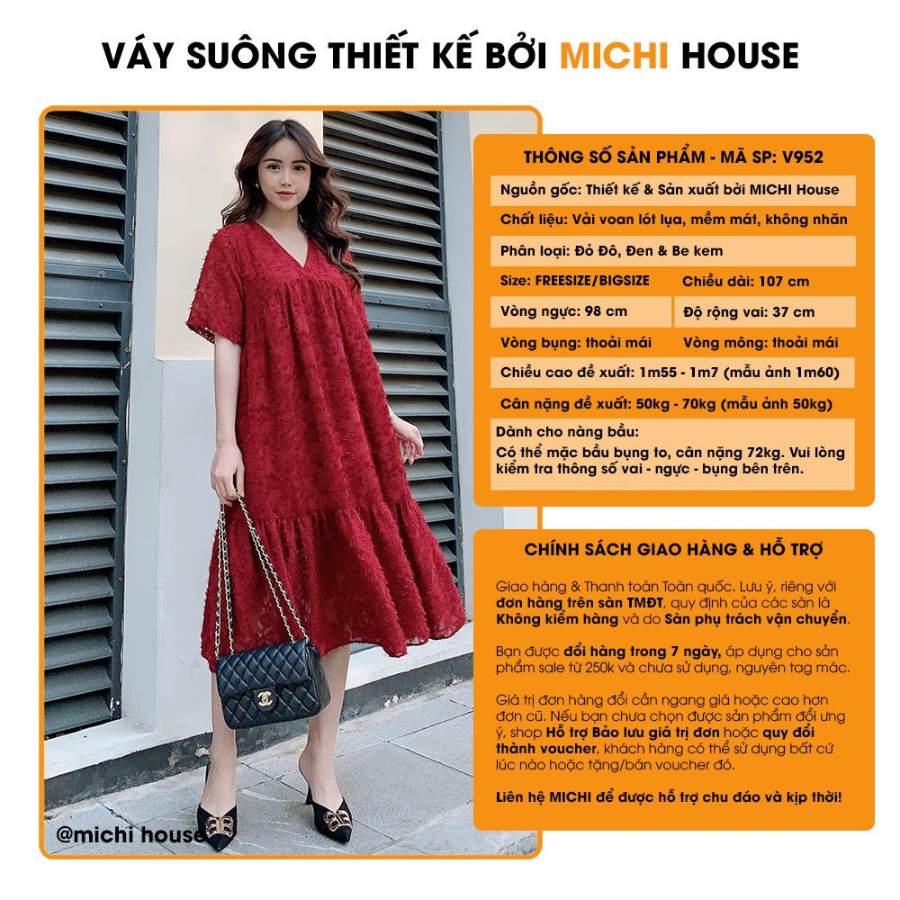 Váy Dáng Suông Rộng Dài MICHI House V952 Đầm Xuông Thiết kế Freesize Cổ V Ngắn Tay Mặc Xinh Tất Cả Mọi Người