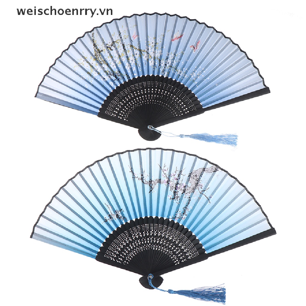 Quạt Xếp Cầm Tay Bằng Tre Và Lụa Họa Tiết Hoa Đào Nhật Bản Ww