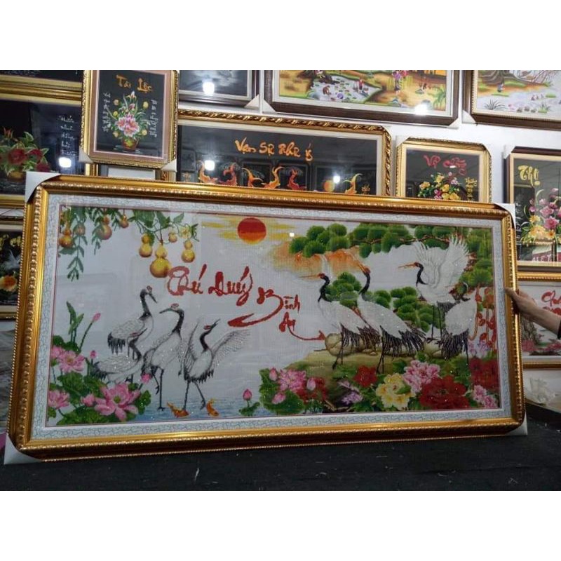Tranh thêu thành phẩm mẫu hạc phú quý bình an 150x70 cm