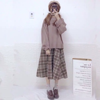 Set áo len và chân váy kẻ caro Vintage ( Có ảnh thật )
