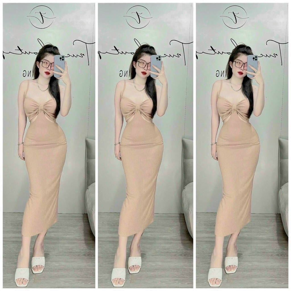 Đầm body dáng dài thun gân nhúm nơ ngực khoét eo sexy sang chảnh