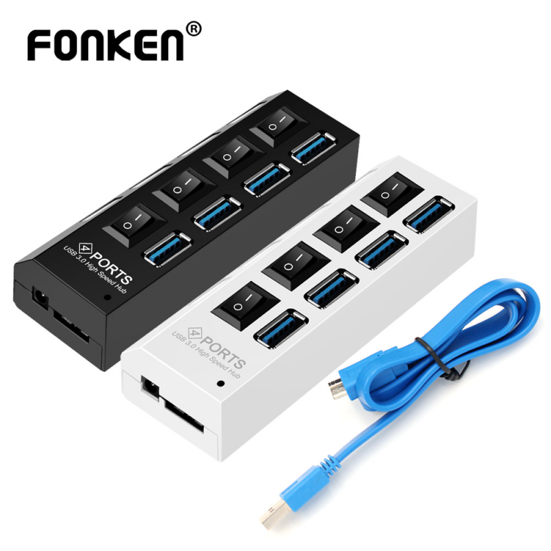 Hub Chia 4 Cổng USB 3.0 FONKEN 5Gbps Có Công Tắc Cho Máy In/Máy Tính Bàn/Máy Tính Bảng/Bàn Phím/Chuột