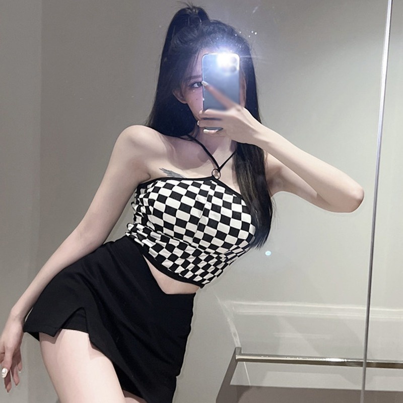 Áo Croptop Dệt Kim Sát Nách Kẻ Sọc Ca Rô Ôm Dáng Cá Tính Cho Nữ