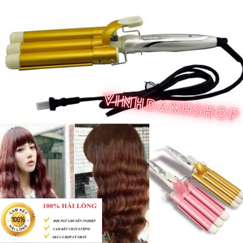 Máy làm tóc xoăn uốn 3 trục bấm dập tóc gợn sóng nước tạo kiểu hàn quốc làm đẹp chuẩn salon hàng chính hãng