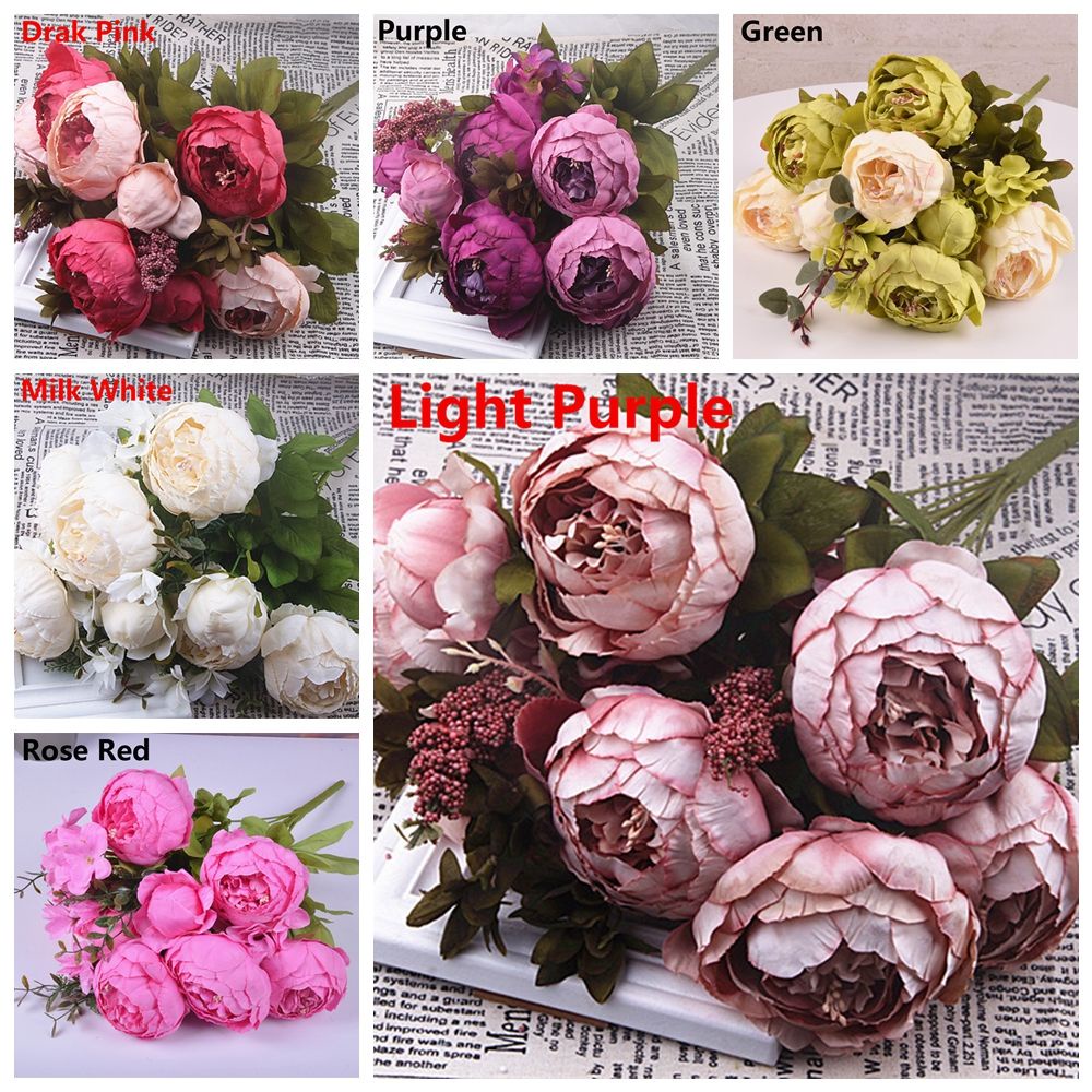 Bó Hoa Mẫu Đơn Giả 13/21 Đầu Bằng Lụa Dùng Trang Trí DIY