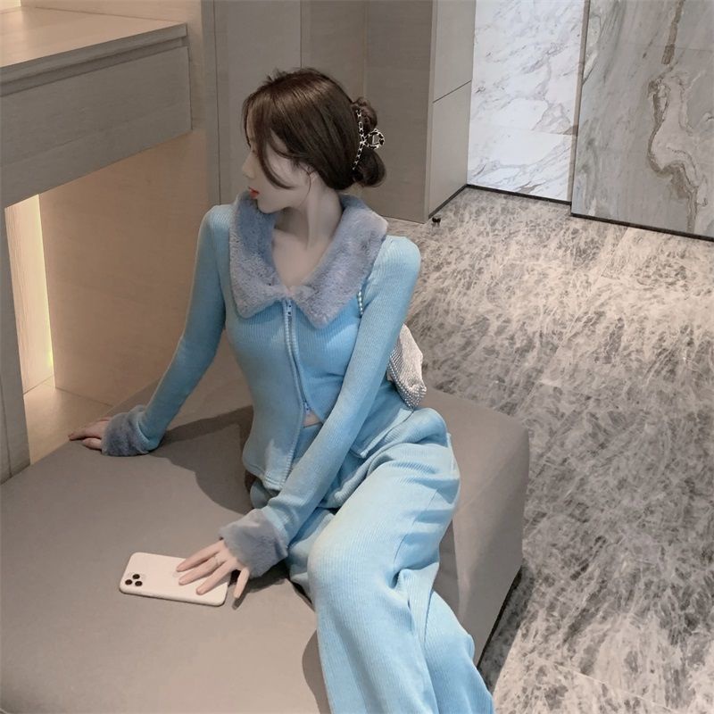 Set áo khoác cardigan dệt kim cổ kéo khóa + quần dài lưng cao thời trang xuân thu cho nữ có bán lẻ