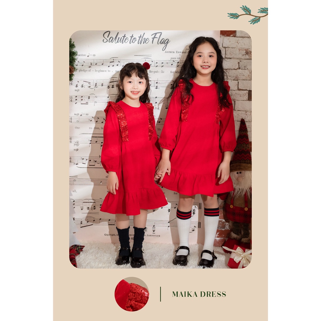 [LITTLE PINK] MAIKA DRESS - Váy nhung đỏ bèo kim sa bé gái