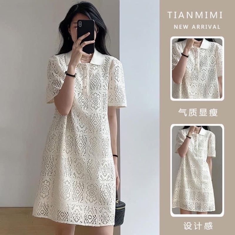 Đầm ren dáng suông cổ polo trẻ trung cho nữ