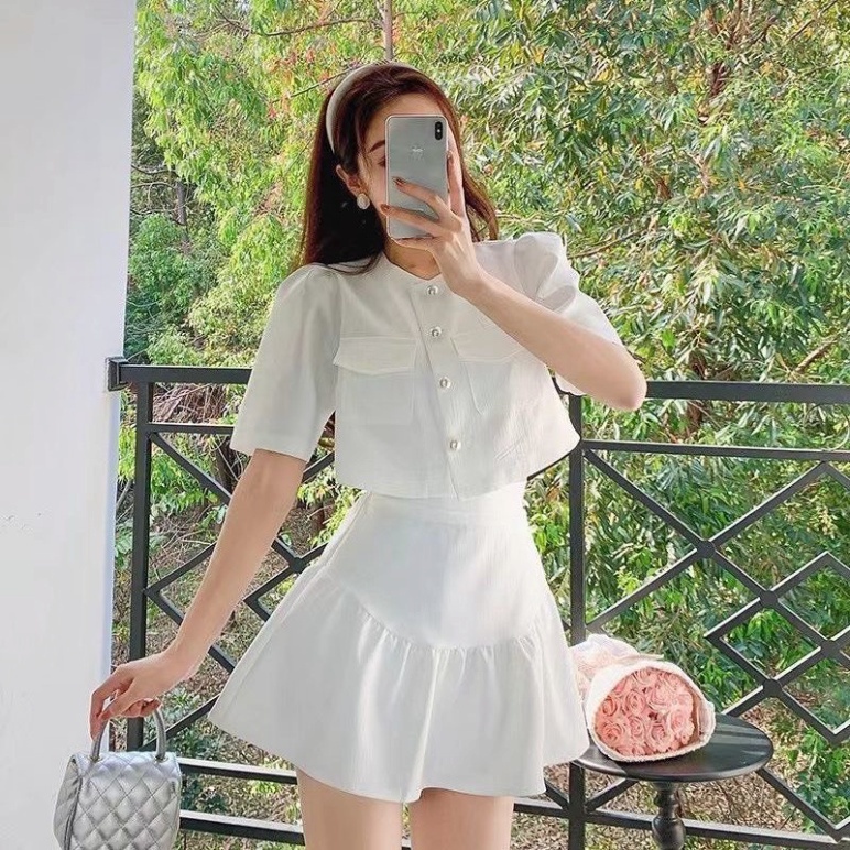 Set đồ nữ sang chảnh áo croptop tay bồng  phối váy chữ A xếp ly AS35