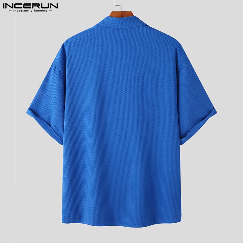 Áo sơ mi INCERUN ngắn tay dáng rộng phối nút phong cách hippie cho nam