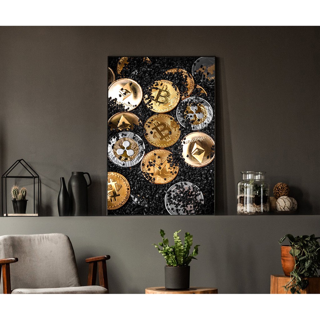 Tranh Bitcoin, Eth, tranh in vải canvas 40x60cm, đủ khung và đinh treo