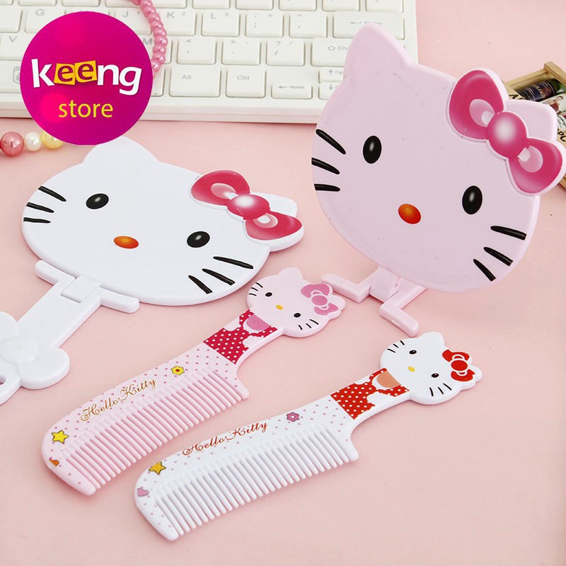 Gương trang điểm cầm tay Hello kitty kèm lược dễ thương siêu cute đáng yêu bỏ túi tiện dụng