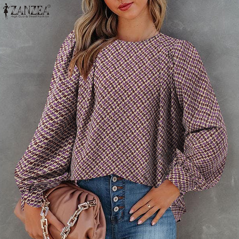 Áo kiểu ZANZEA cổ tròn tay phồng in họa tiết phong cách retro thời trang cho nữ