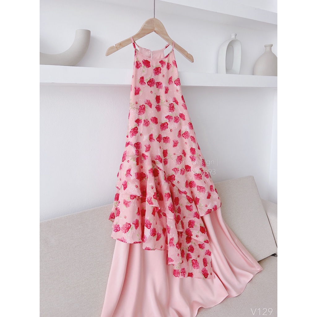Váy hoa, váy yếm nữ TWINS STORE chất tơ hoa nổi, màu cực xinh - V129