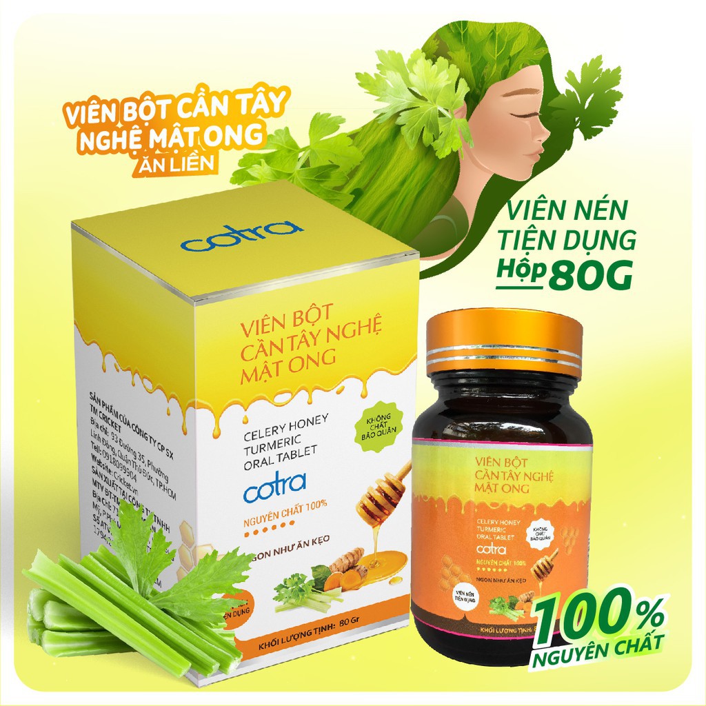 Bột cần tây nghệ mật ong Cotra sấy lạnh nguyên chất (Dạng viên nén ) (Hộp 80g) giảm cân, detox thanh lọc cơ thể