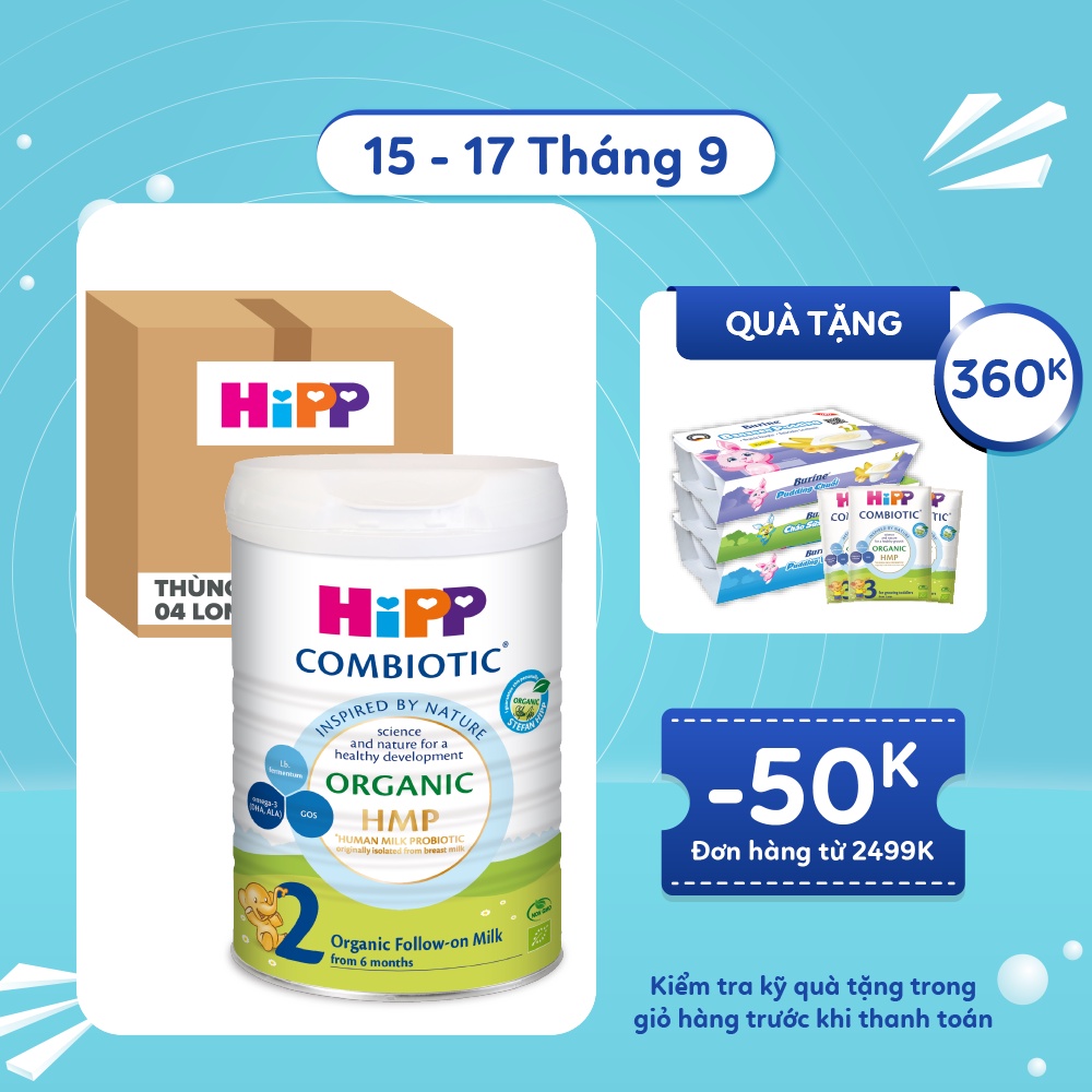 Thùng 4 lon Sữa bột công thức HiPP 2 Organic Combiotic 800g bổ sung DHA trực tiếp (4 lon x 800g)