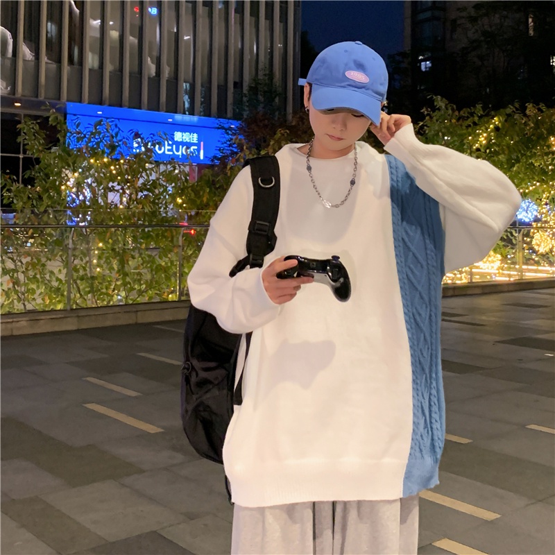Áo sweater tay dài cổ tròn dáng rộng màu sắc tương phản phong cách Hàn Quốc cho nam size M-2XL