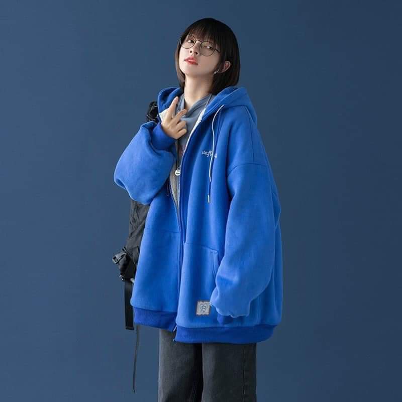 Áo hoodie zip màu xanh cô ban in mac logo from thụng cho nam nữ