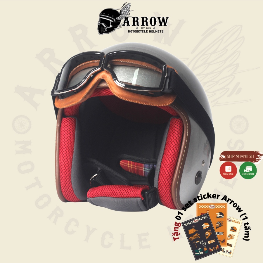Kính gắn nón bảo hiểm phi công gg550 da nâu cao cấp Arrow
