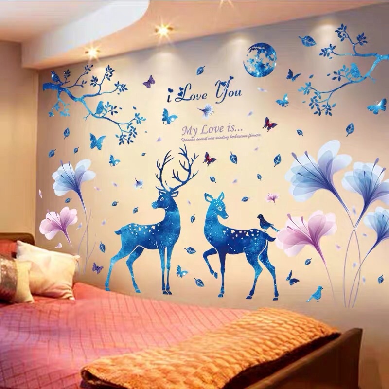 Tranh dán tường, Decal dán tường hoa pha lê tím và hươu xanh.