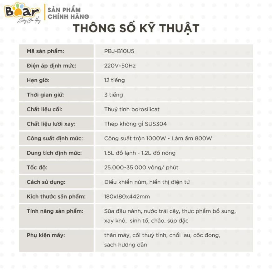 [Hàng Chính Hãng] Máy Làm Sữa Hạt Máy Làm Sữa Hạt Bear/ Máy Xay Nấu Sữa Hạt Sữa Đậu Nành - Xay Sinh Tố  PBJ-B10U5