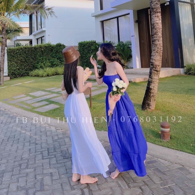 Đầm Maxi Tiểu Thư Đi Biển Du Lịch Bo Chun Cúp Ngực