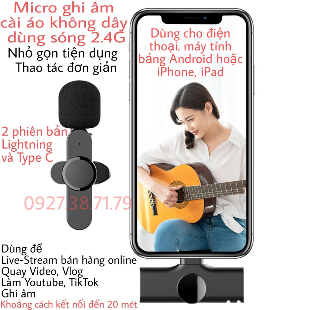 Micro cài áo không dây Version 2 - kết nối 2.4G xa 20m - Dùng để livestream, quay vlog, Tiktok, thu âm, quay video từ xa