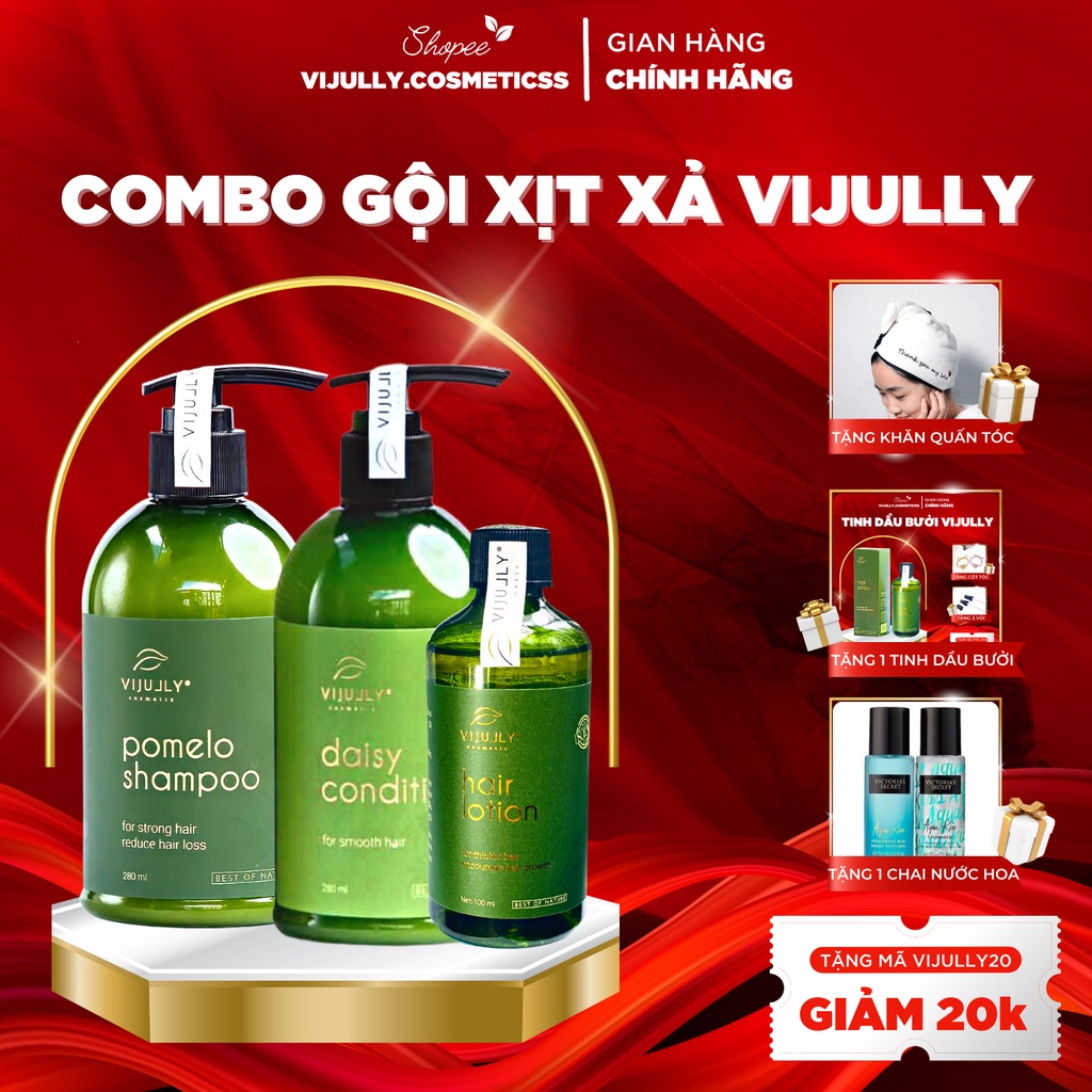 Combo Gội bưởi,Xịt bưởi,Dầu Xả dừa hoa cúc Vijully Chính Hãng giảm rụng tóc và giúp mọc tóc nhanh dài, phục hồi tóc hư t