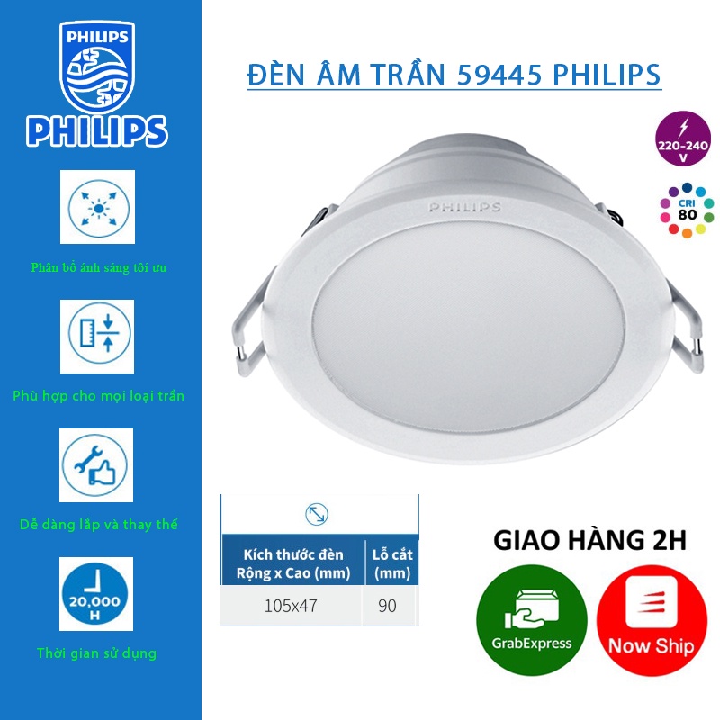 Đèn Led Âm Trần PHILIPS 59445 Công Suất 7W Đường Kính 105mm Lỗ Khoét D90  Ánh Sáng Trắng/Vàng/Trung Tính Bảo Hành 2 Năm