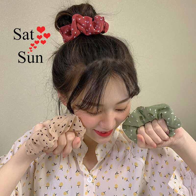 Buộc tóc vải voan scrunchies chấm bi phong cách vintage hot trend