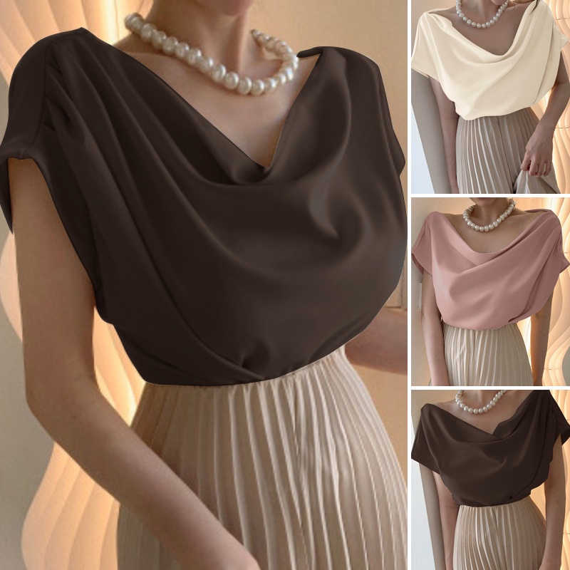 Áo kiểu ZANZEA xếp ly vải satin mỏng thời trang thanh lịch cho nữ