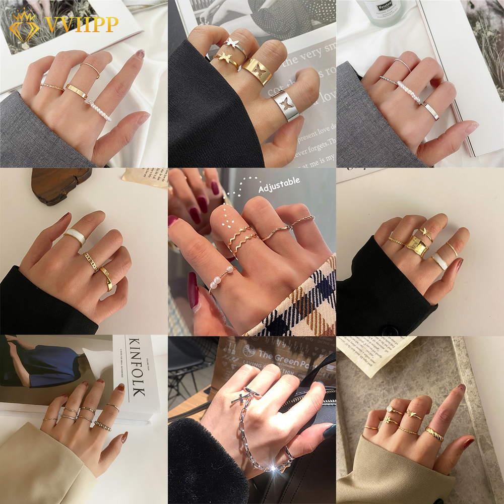 Set nhẫn kim loại màu vàng bạc kiểu bướm đính ngọc trai giả phong cách Hàn Quốc thời trang dành cho nữ