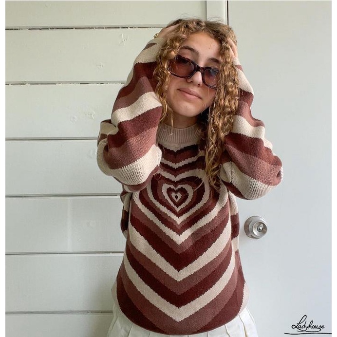 Áo Sweater Dệt Kim Chui Đầu Cổ Tròn Tay Dài In Hình Trái Tim Thời Trang Thu Đông Cho Nữ