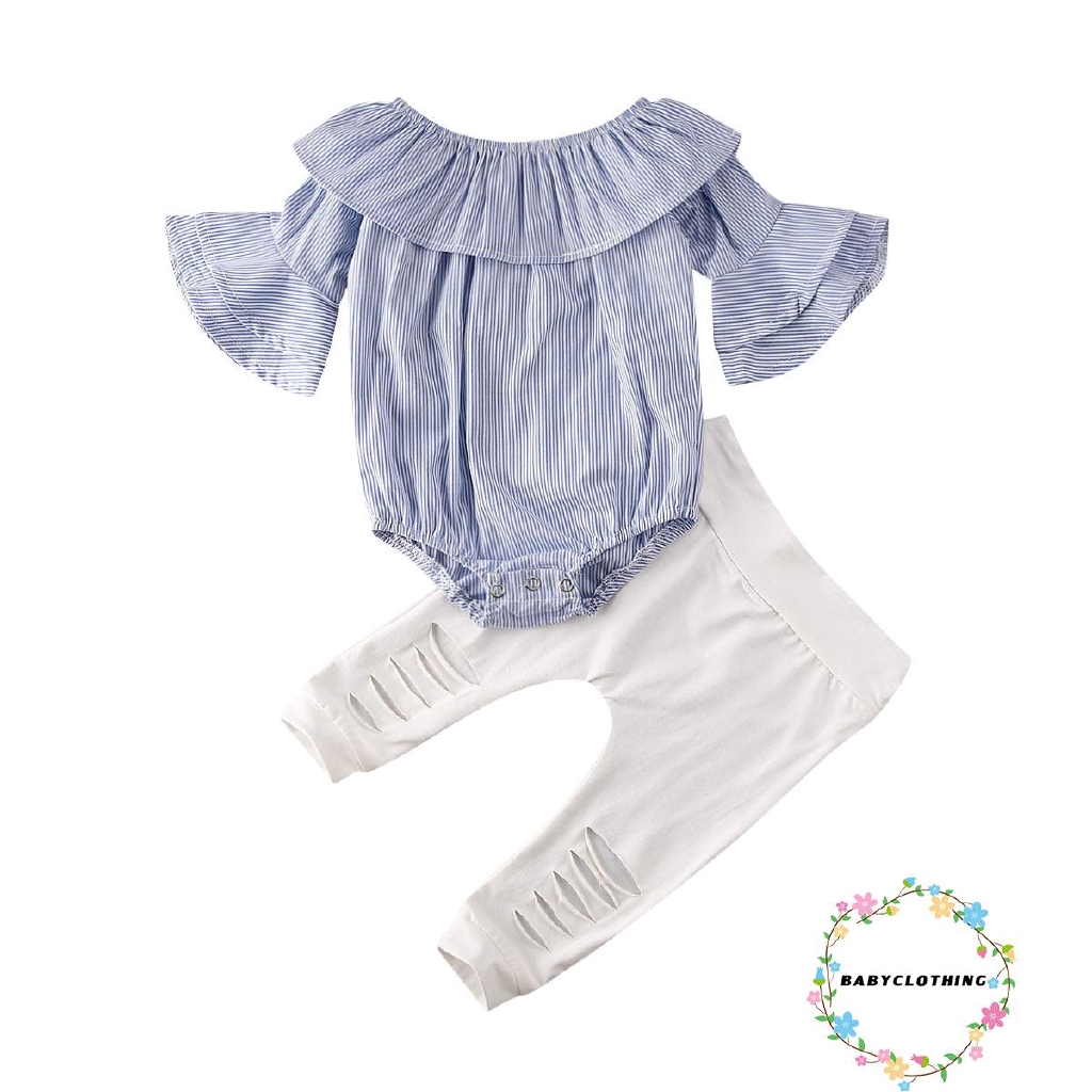 ღWSVღNewborn Baby Girl Clothes Long Flare Sleeve Striped Romper Jumpsuit +Long Hole Pants Leggings Outfit 2Pcs Clothes