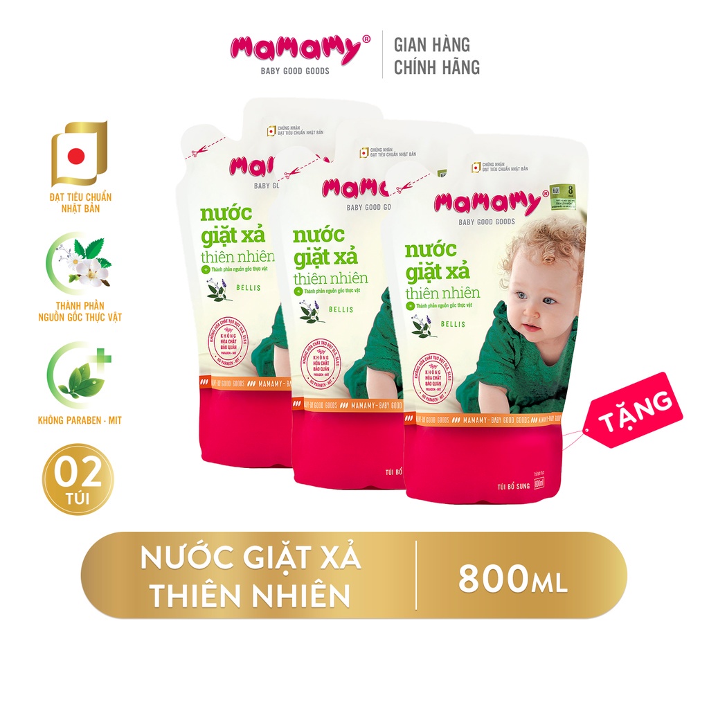 2 Túi Nước giặt xả thiên nhiền Mamamy 800ml/túi, an toàn cho bé TẶNG 1 Túi bổ sung cùng dung tích