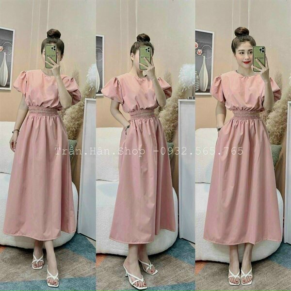 Bộ đồ nữ đi chơi biển dễ thương, set váy dáng dài kèm áo croptop tay phồng kiểu nữ nhẹ nhàng nữ tính