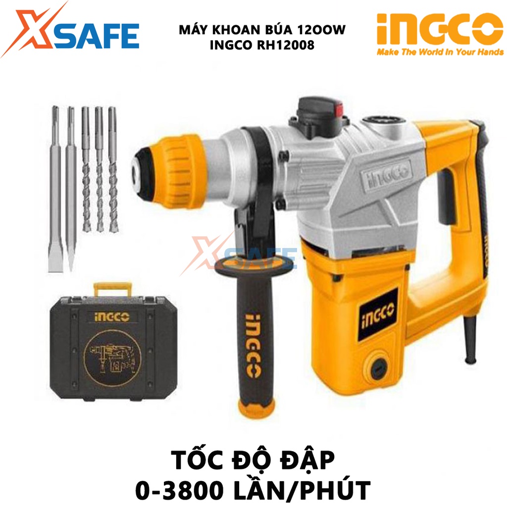 Máy khoan búa INGCO RH12008 công suất 1200W máy khoan đục bê tông, thép, gỗ, khoan đục phá tường, bê tông - chính hãng