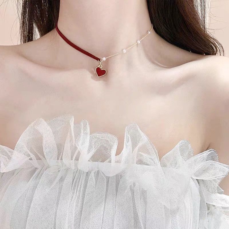 Vòng Cổ Choker Da Đính Ngọc Trai Mặt Trái Tim Thời Trang Cá Tính Dành Cho Nữ