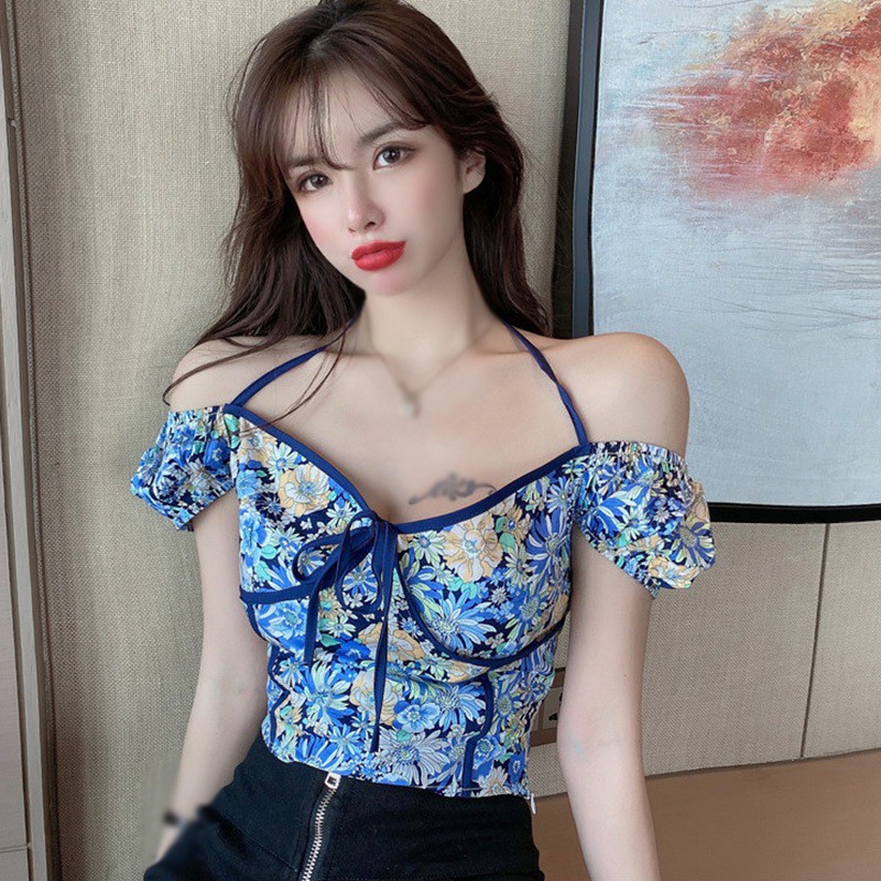 Áo Croptop Tay Ngắn Hoạ Tiết Hoa Thiết Kế Cột Dây Cho Nữ | BigBuy360 - bigbuy360.vn