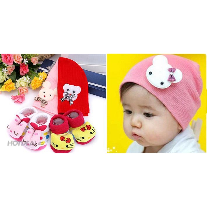 Combo 2 Nón Len + 2 Vớ 3D Cực Cute Giữ Ấm Cho Bé