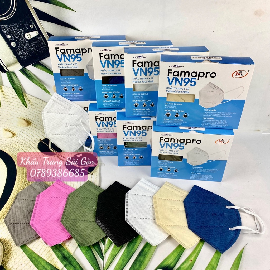 Khẩu trang VN95 Nam Anh 4 lớp 10 cái/ hộp – Khẩu trang FAMAPRO VN95 Trắng/ Xanh Navy / Xám / Rêu / Đen / Vàng Nhạt/ Hồng