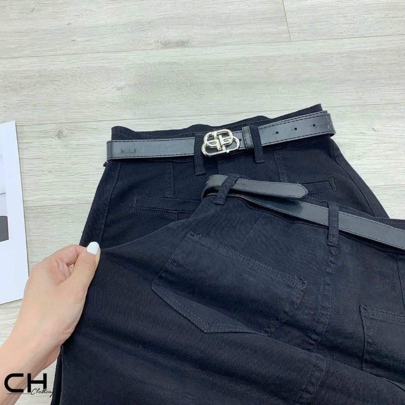 Chân váy jeans dài xẻ kèm đai chữ B hàng QCL1