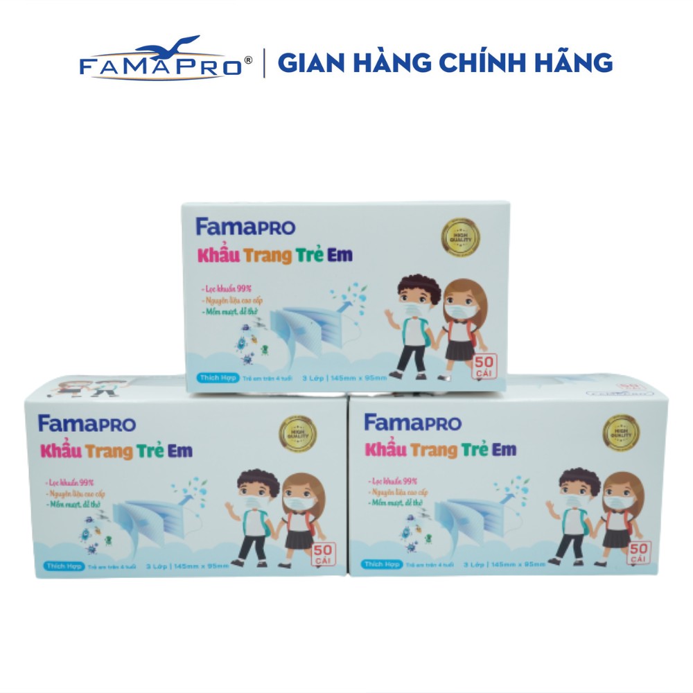 [HỘP-50 CÁI-QUAI THUN] COMBO 3 HỘP Khẩu trang y tế trẻ em kháng khuẩn 3 lớp Famapro max kid | BigBuy360 - bigbuy360.vn