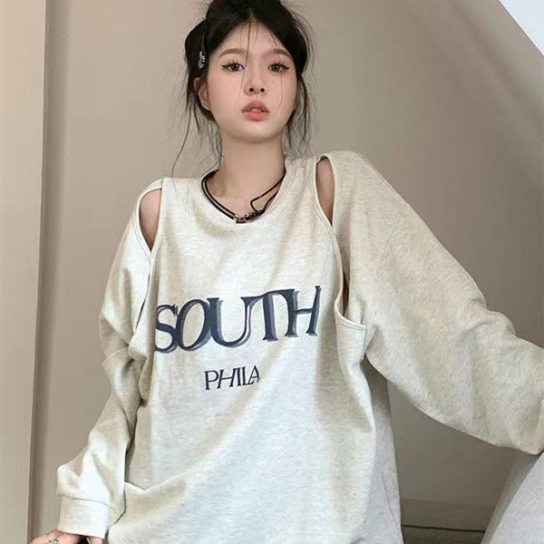Áo Thun Tay Dài Trễ Vai In Chữ Thời Trang Dành Cho Nữ