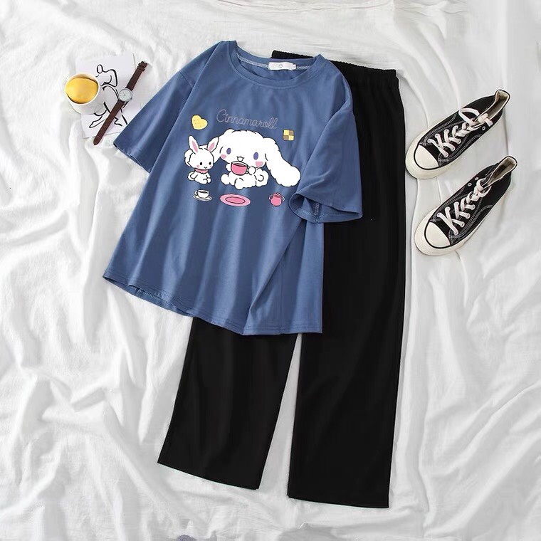 Sét áo Thỏ cinna + quần suông đen, Áo thun from rộng, Chất đẹp không xù, quần suông ống rộng, Sét bộ mặc ở nhà - MODY