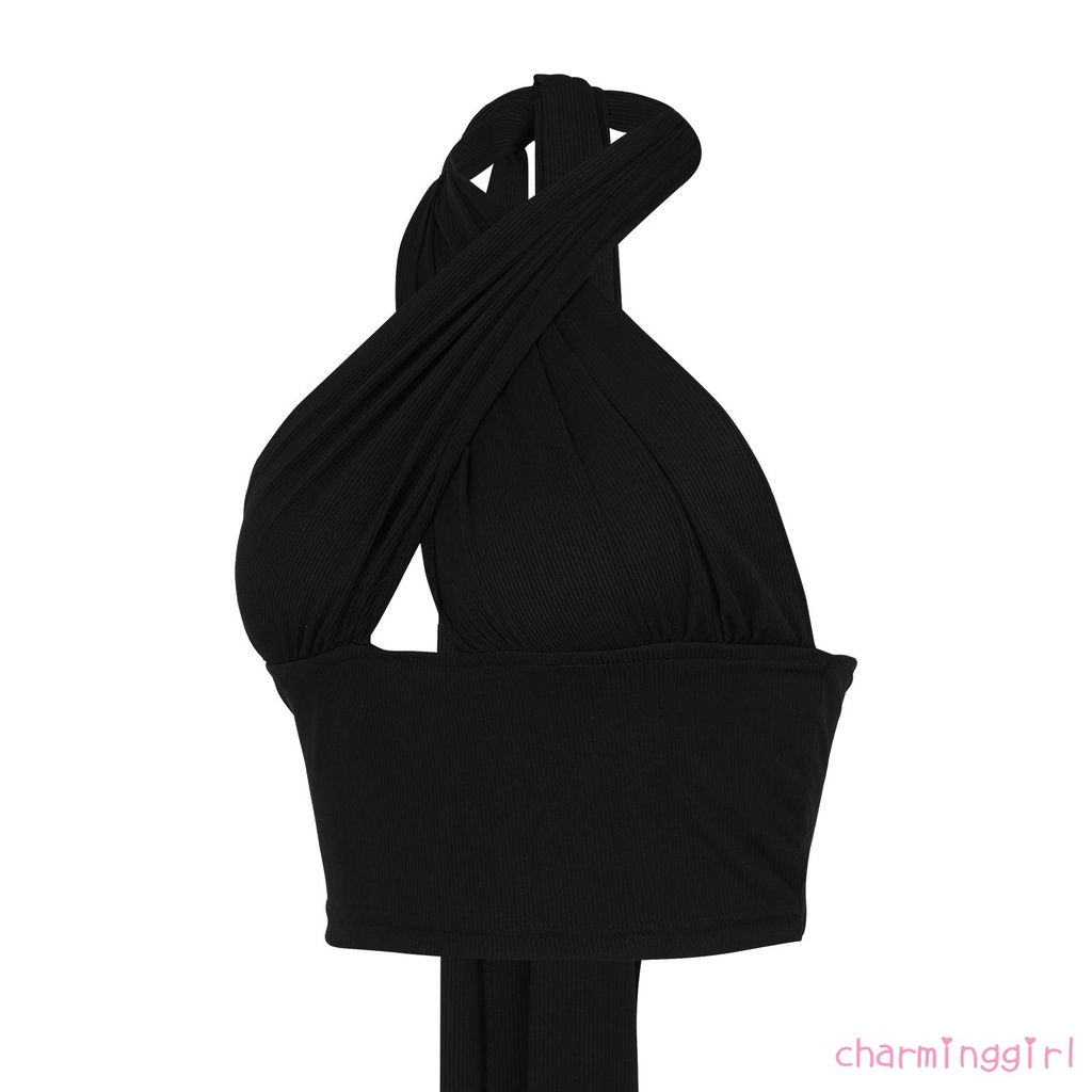 Áo Croptop Không Tay Cổ Yếm Màu Trơn Thiết Kế Quyến Rũ Thời Trang Cho Nữ