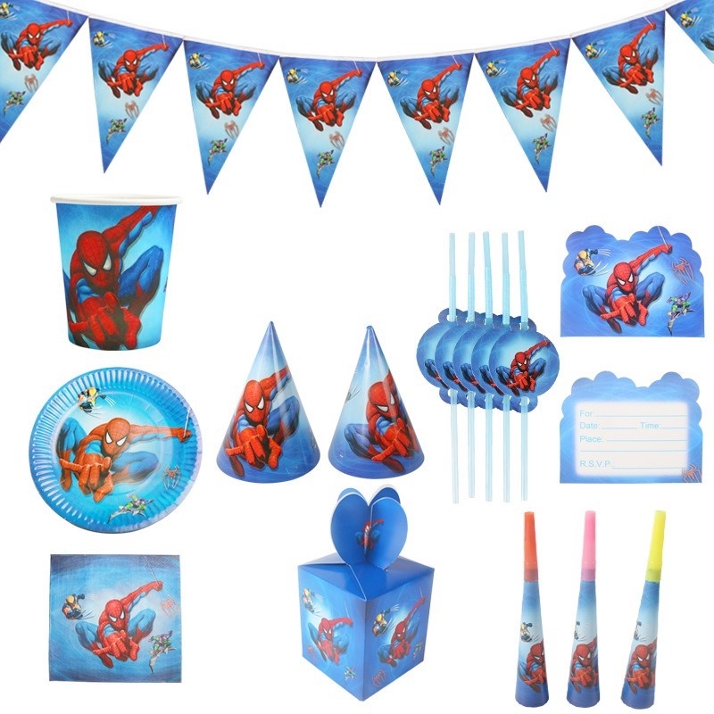 Bộ 24 Món Chén Đĩa / Cốc Giấy Dùng Một Lần In Hình Spiderman Hoạt Hình Trang Trí Tiệc Sinh Nhật Cho Bé