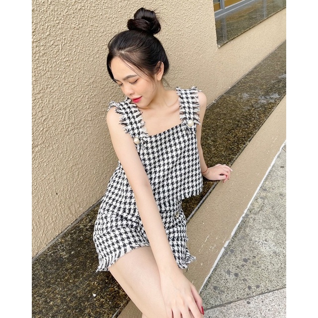 WHITELAZZ | Set áo và quần shorts tweed trắng đen - Triny Tweed Set