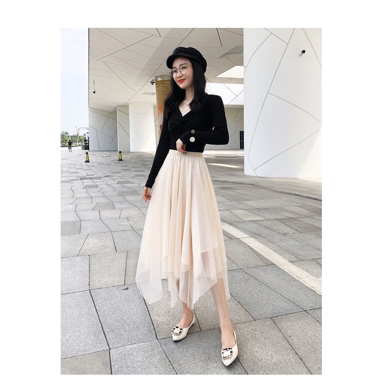 Chân Váy Lưới Dài Vừa Eo Cao Màu Đen Thời Trang Thu Đông Dành Cho Nữ