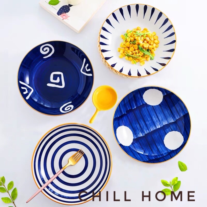 Set 4 đĩa sứ tròn sâu lòng,đĩa gốm họa tiết phong cách Nhật Bản size 18cm